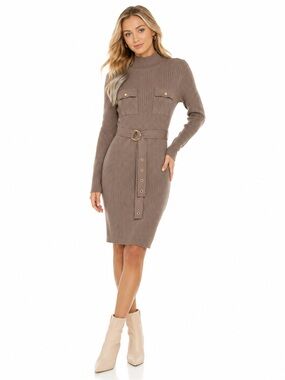Hot Miami Styles Hera Collection Taupe Ribbed Sweater Dress with Adjustable Belt